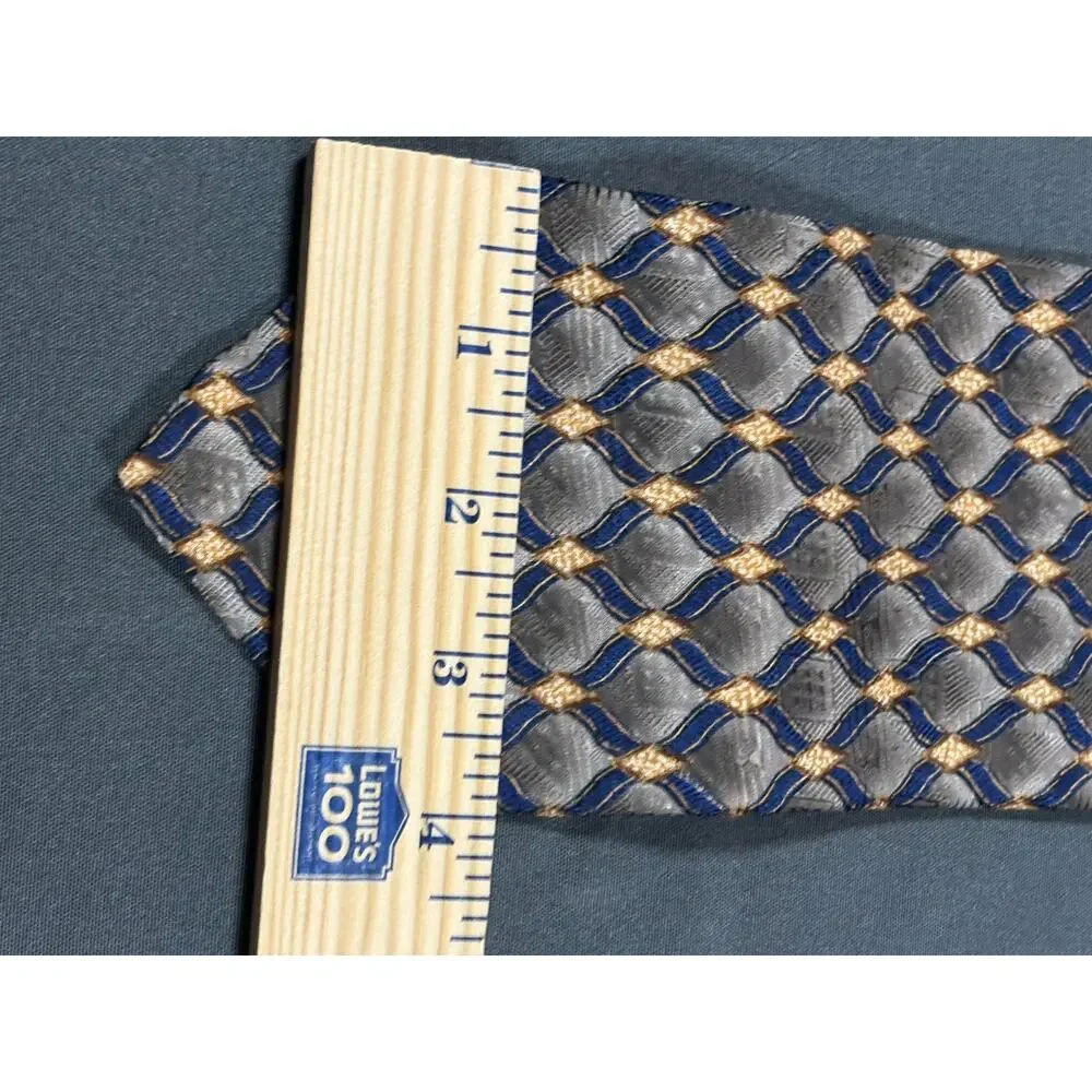 J.Z. Richards Men’s Silk Tie Gray Navy Gold Geometric Handmade USA 59”